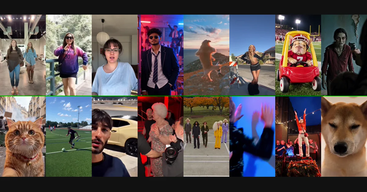All 16 AI trend video templates on YouInTheClip, one still from each: dances, skits, a football goal and a pet lip-sync
