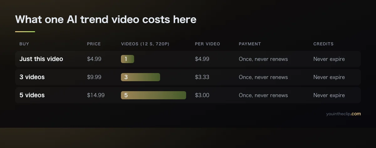 YouInTheClip AI trend video prices: one video $4.99, three $9.99, five $14.99, all paid once