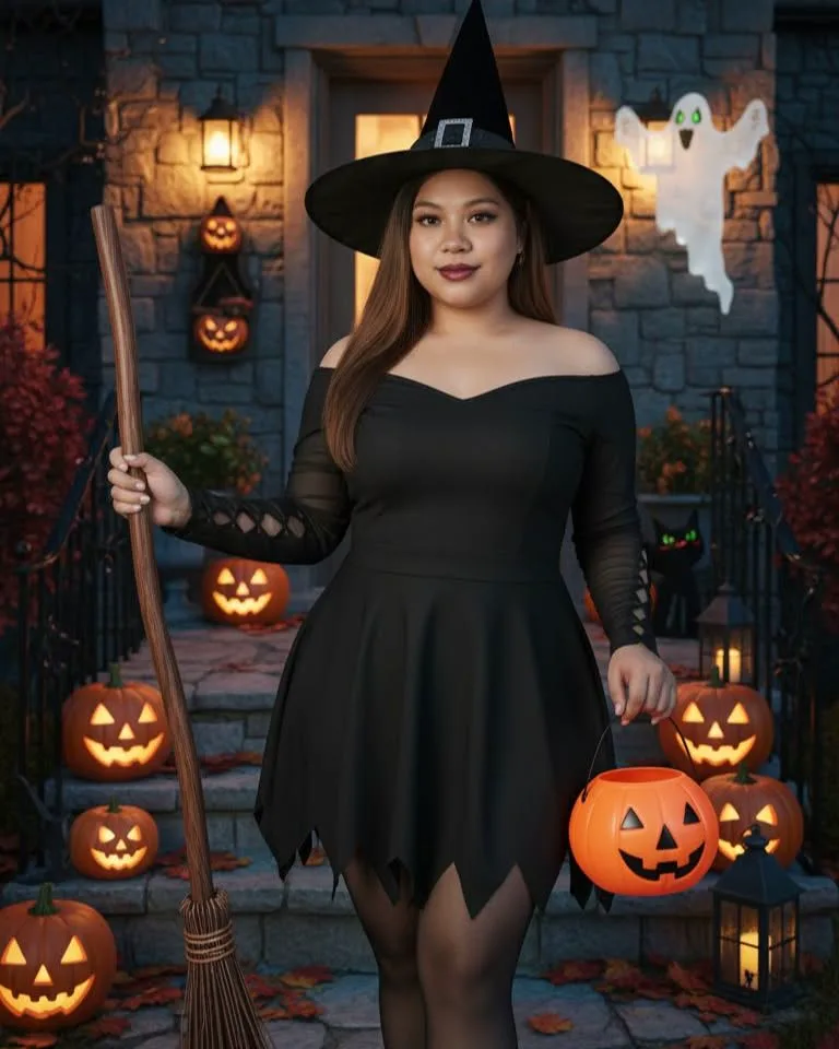 Witch costume on a pumpkin-lit porch