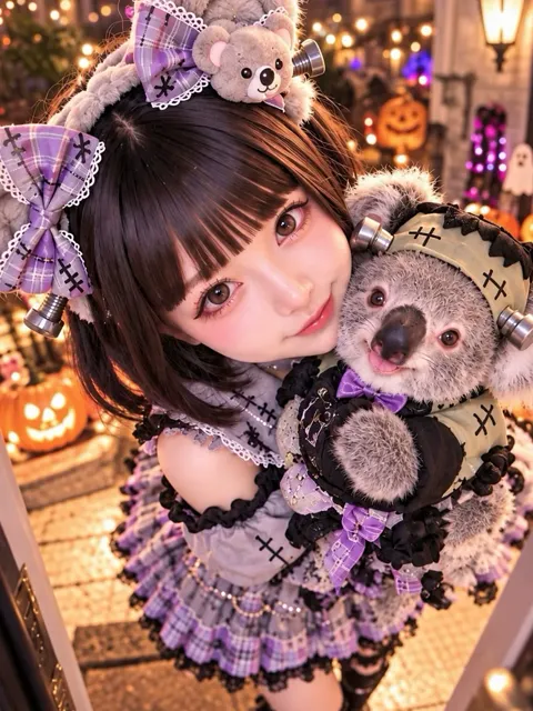 A young woman with a dark bob and doll makeup in a lavender frilled dress with bows, hugging a stitched patchwork teddy bear in front of a porch strung with orange Halloween lights.