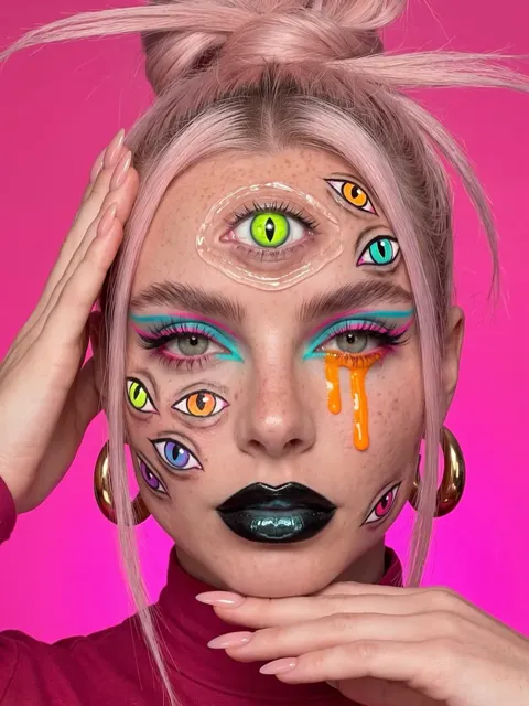 A beauty close-up of a woman with extra painted eyes on her forehead and cheeks, bright eyeshadow, glossy black lips and an orange drip running from one eye, against a hot pink backdrop.
