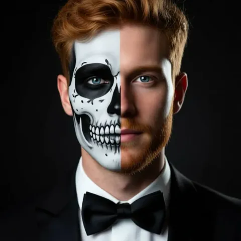A red-haired man in a black tuxedo and bow tie with half of his face painted as a white skull, black eye socket and painted teeth, the other half left natural.