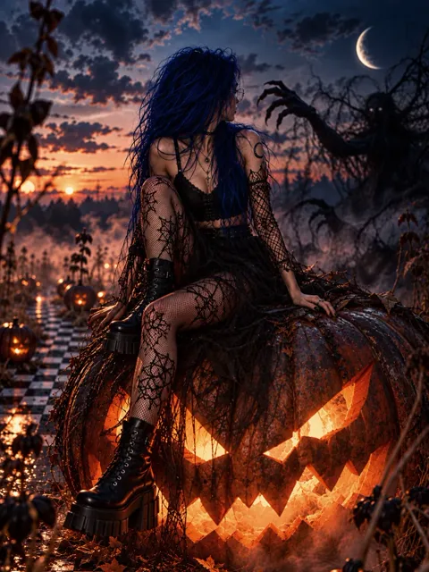 A woman with long dark blue hair in black lace and boots sits on a giant glowing carved pumpkin under a crescent moon, with fog, twisted branches and a dusk sky behind her.