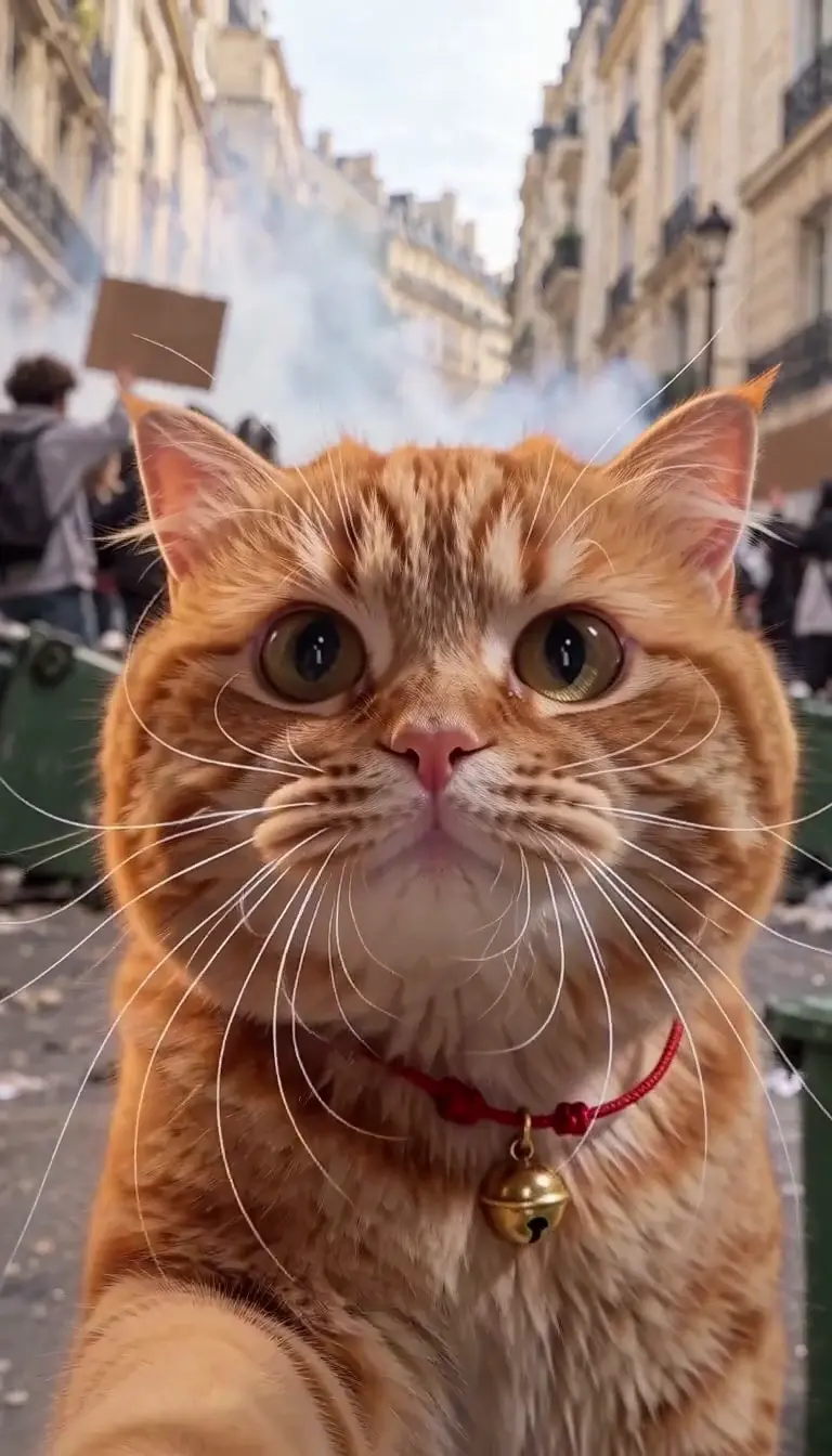 Blocus Poursuite AI video trend: an orange cat filming a selfie at a Paris school blockade, smoke and protesters behind