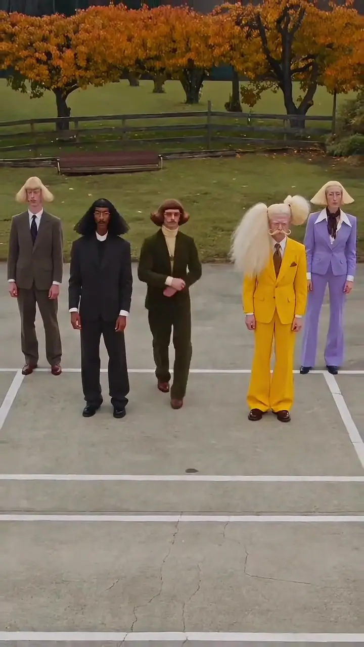 Keep On Steppin AI video trend: five people in mismatched suits lined up in a parking lot